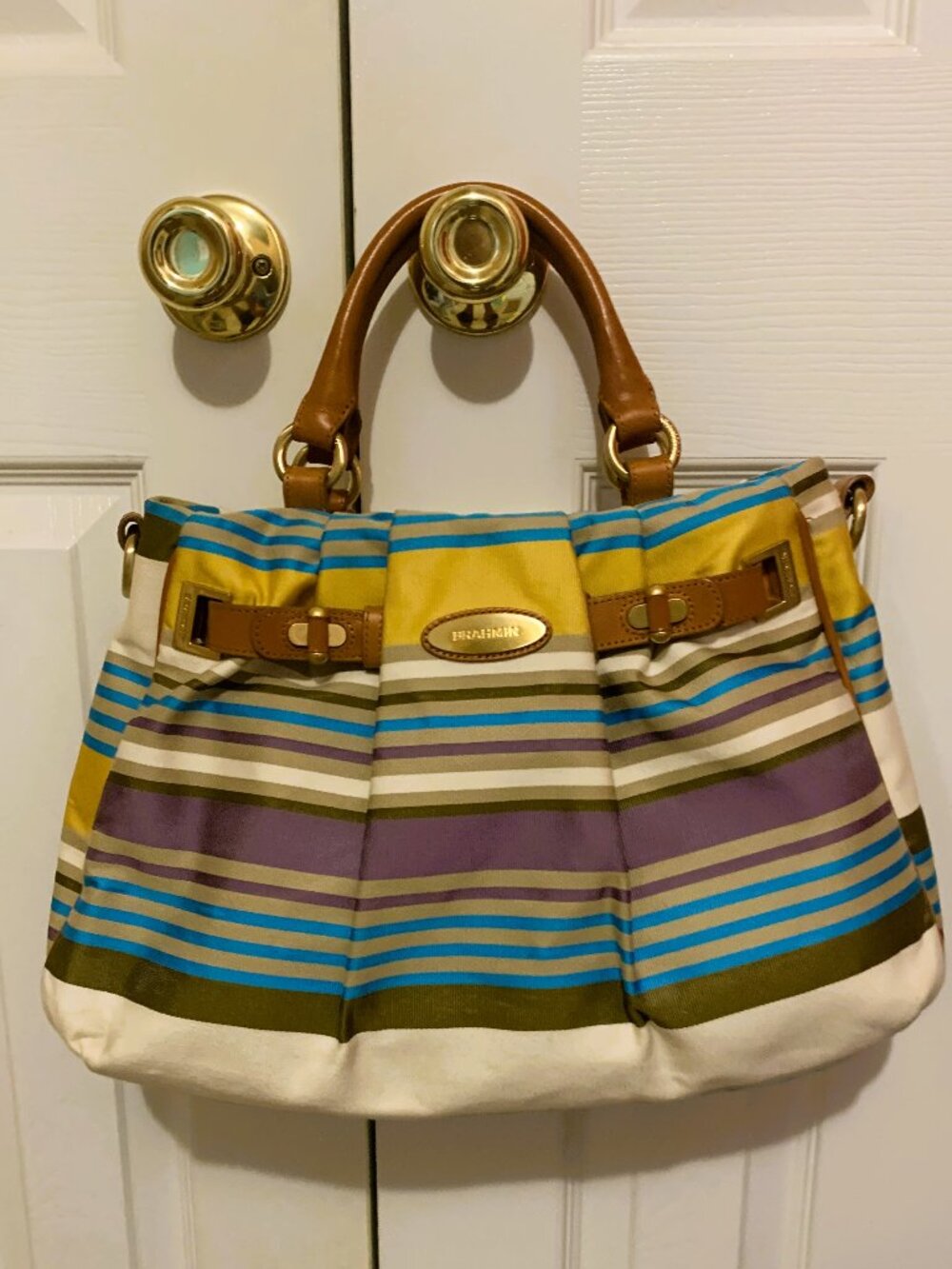 Brahmin striped canvas & leather satchel